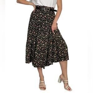 SO Large New with Tags High Rise Black & Pink Floating Floral Print Midi Skirt
